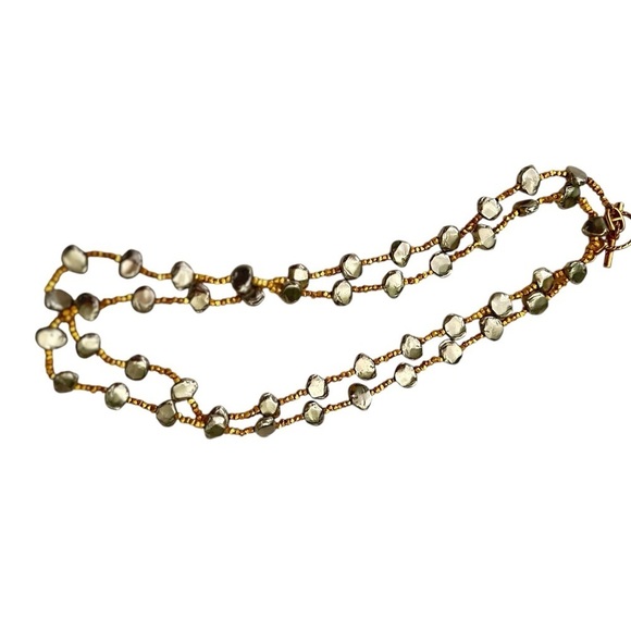 Vintage 1990’s Gold tone & flat stone shimmer gray bead Necklace toggle closure - Picture 1 of 7